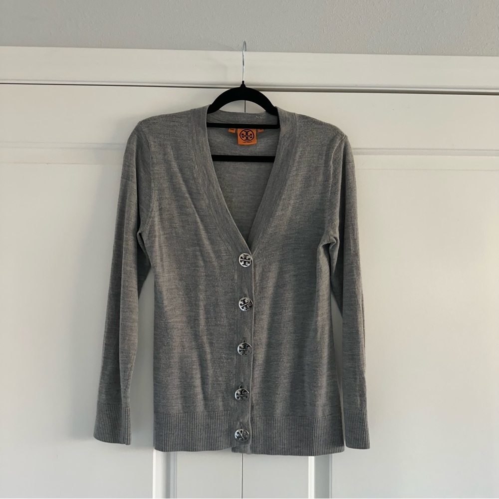 Tory Burch Gray V-Neck Button Cardigan with Silver Logo Buttons - Wool - Small